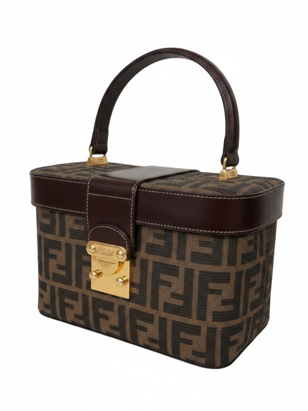 Authentic Vintage Fendi Zucca FF Vanity Beauty Case Top Handle Bag Brown